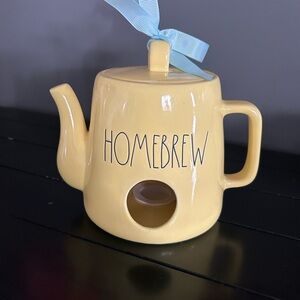 Rae Dunn Yellow Teapot with Light Blue Ribbon